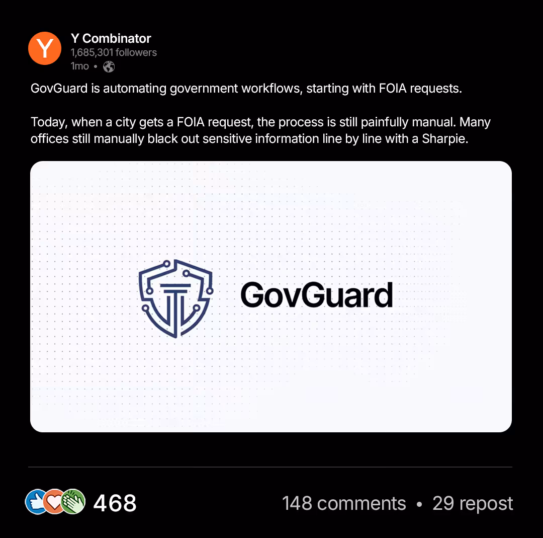 LinkedIn post by Y Combinator about GovGuard automating government FOIA workflows with a logo shown.